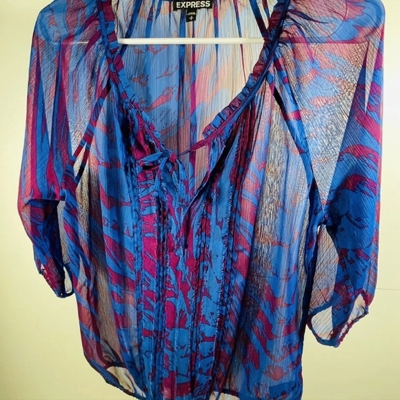 Express Blue & Magenta Sheer Abstract Peasant Blouse Size M – Boho Chic Flow Top - Picture 8 of 9